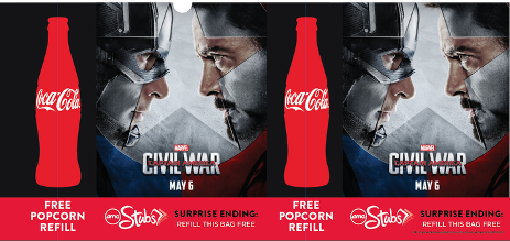 AMC Stubs and Coca-Cola promotion for ‘Captain America: Civil War.’ Ad shows two Coke bottles and the characters face to face, highlighting free popcorn refill and special screening reward.