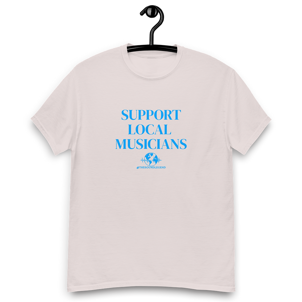 Miniatura: Apoya a los músicos locales | Fuente azul claro | Camiseta clásica unisex