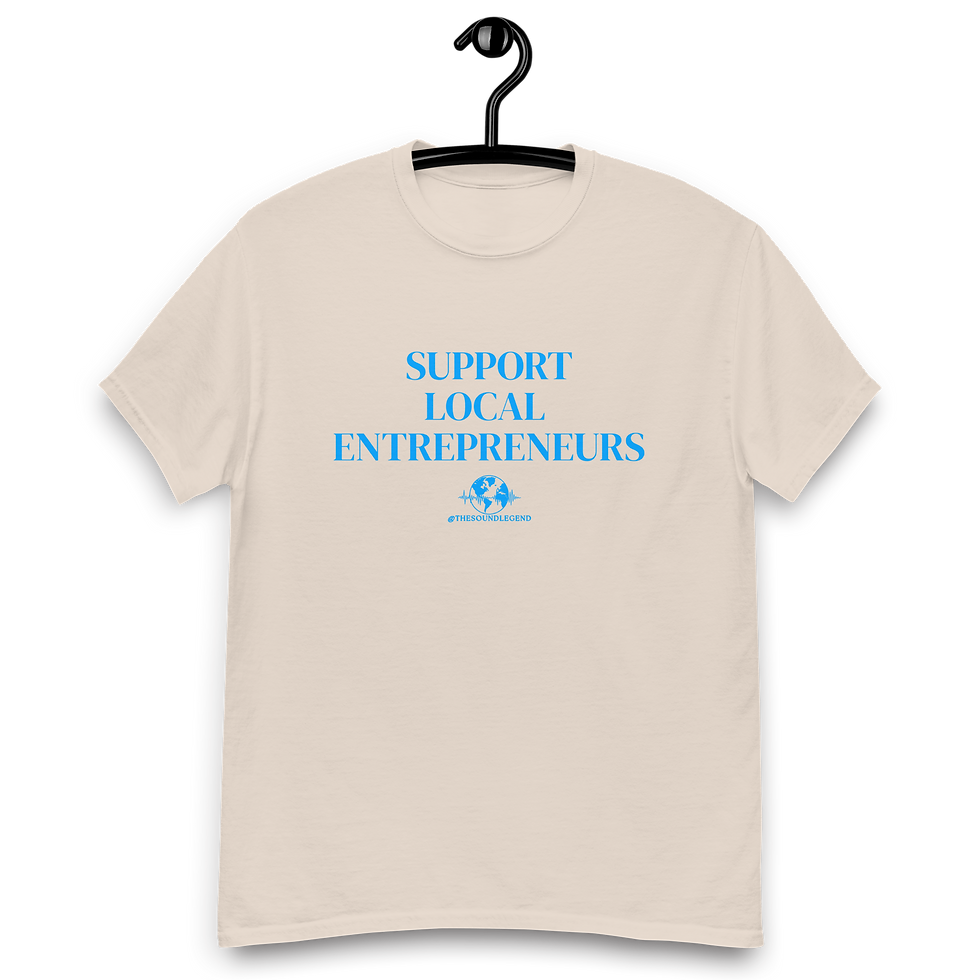 Miniaturbild: Unterstützen Sie lokale Unternehmer | Hellblaue Schrift | Unisex Classic Tee