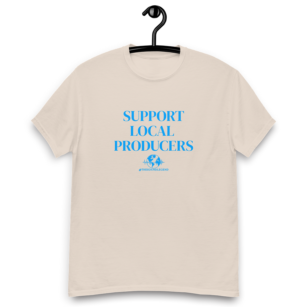 Miniatura: Apoya a los productores locales | Fuente azul claro | Camiseta clásica unisex