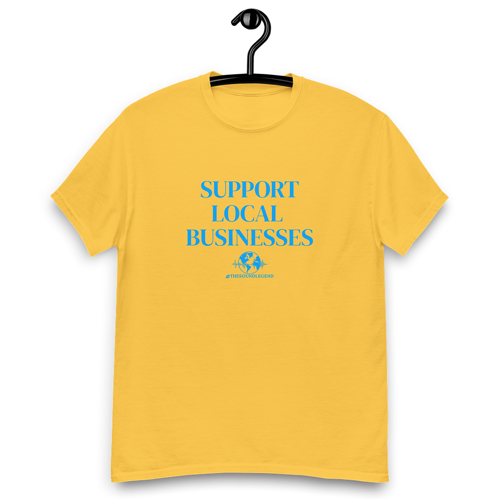 Miniaturbild: Unterstützen Sie lokale Unternehmen | Hellblaue Schrift | Unisex Classic Tee