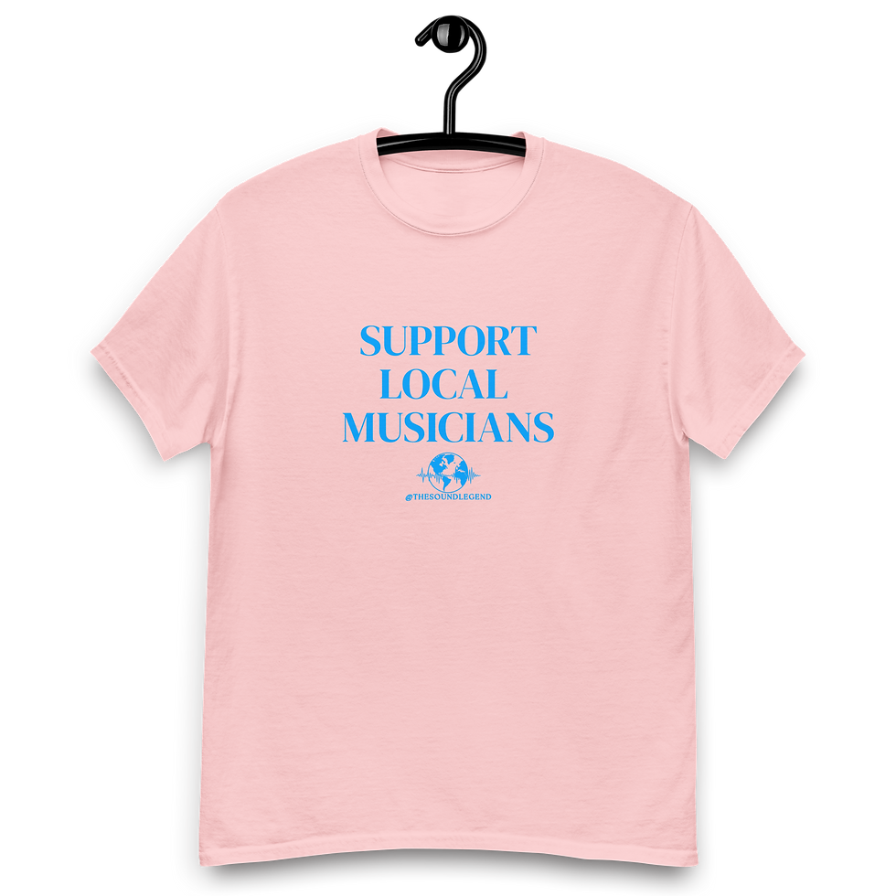 Miniatura: Apoya a los músicos locales | Fuente azul claro | Camiseta clásica unisex