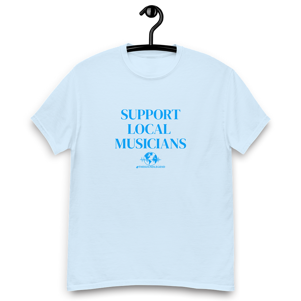 Miniaturbild: Unterstützen Sie lokale Musiker | Hellblaue Schrift | Unisex Classic T-Shirt
