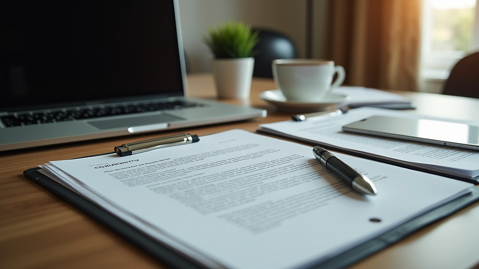 High angle view of a home office desk with legal documents and a laptop