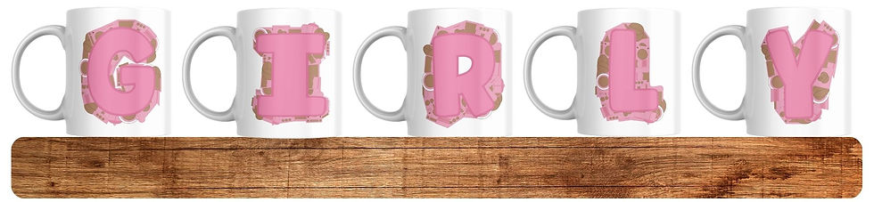 five mugs that spell out girly in coffee theme letters