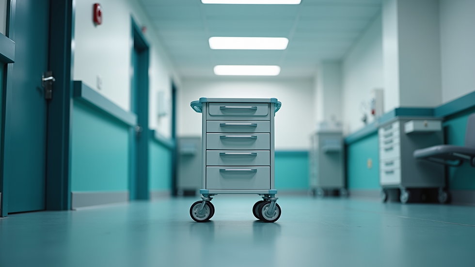 Eye-level view of a medical cart with wheels and multiple drawers