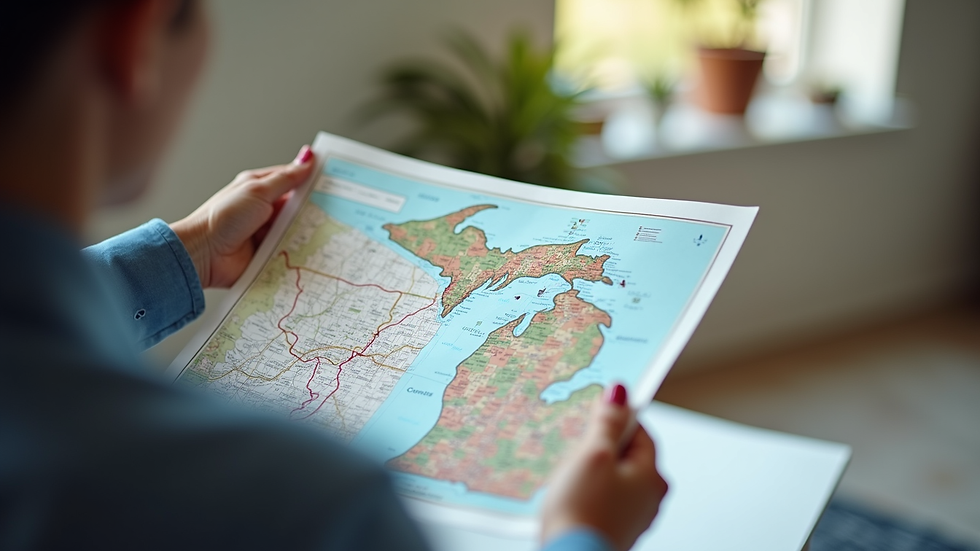 Close-up view of a real estate agent showing a Michigan neighborhood map