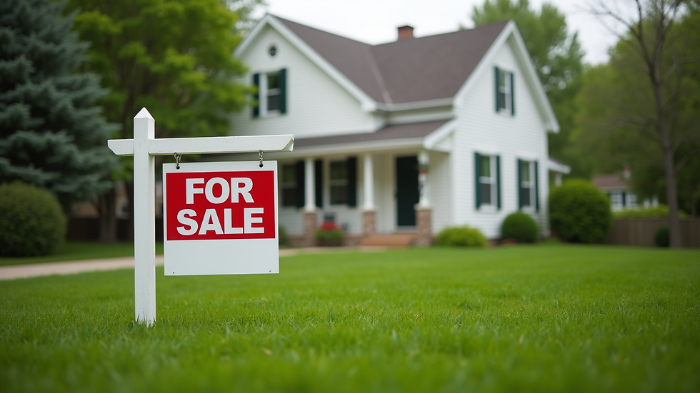 Close-up view of a Michigan home exterior with a "For Sale" sign in the yard