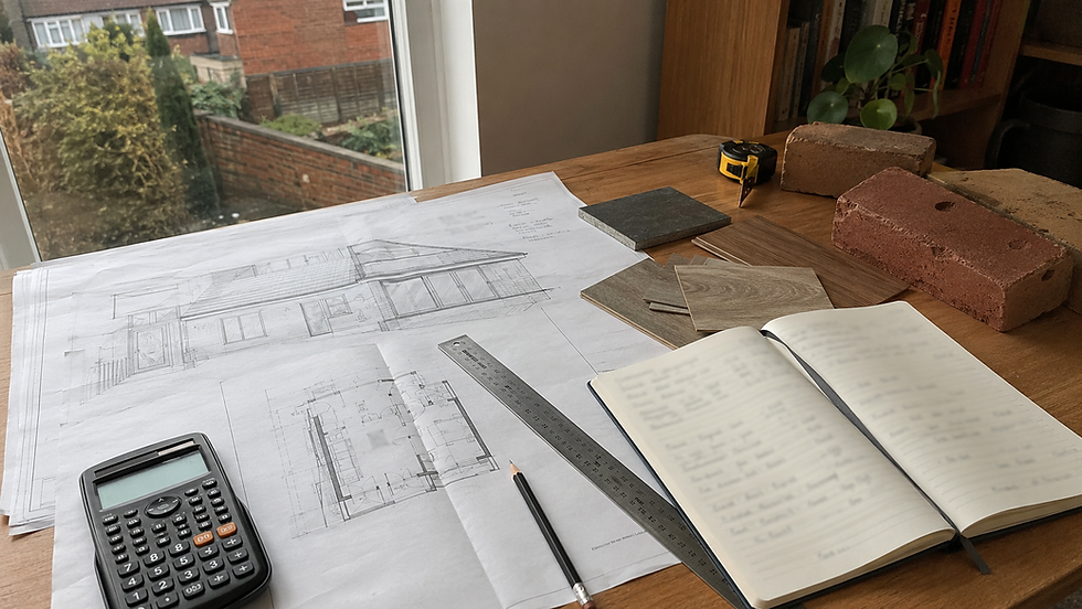 House extension drawings and early construction budget on a desk in Newcastle