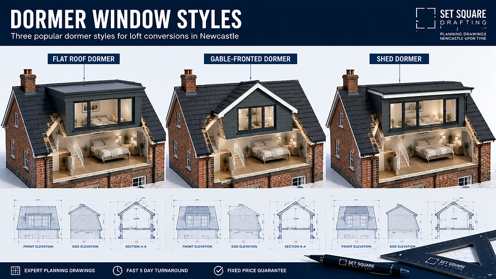 Three dormer window styles for loft conversions — flat roof dormer, gable-fronted dormer and shed dormer — shown as architectural diagrams