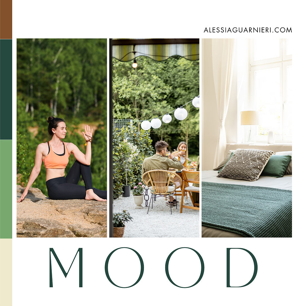 Amorverde moodboard, girl practicing yoga in nature, color palette, friends drinking in the patio outside, bedroom with window, brandboard