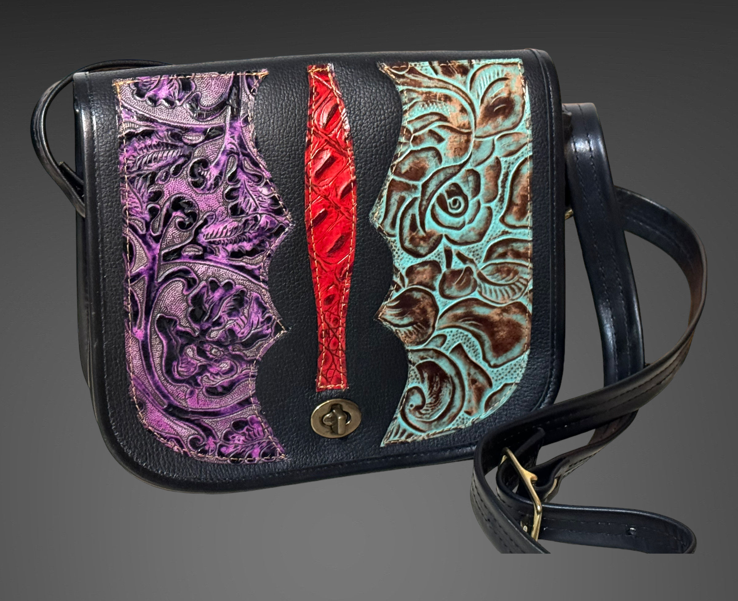 Leather Medium Crossbody Bag Black w/Exotic Embossed Accents Style 603