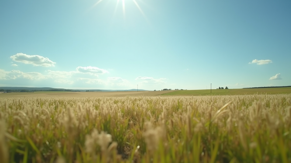 Eye-level view of serene countryside with open fields and blue skies