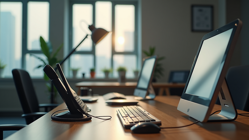 High angle view of a small business office with VoIP setup