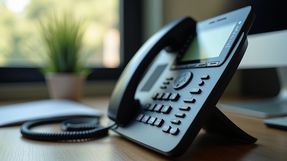 Close-up view of a VoIP phone on a desktop
