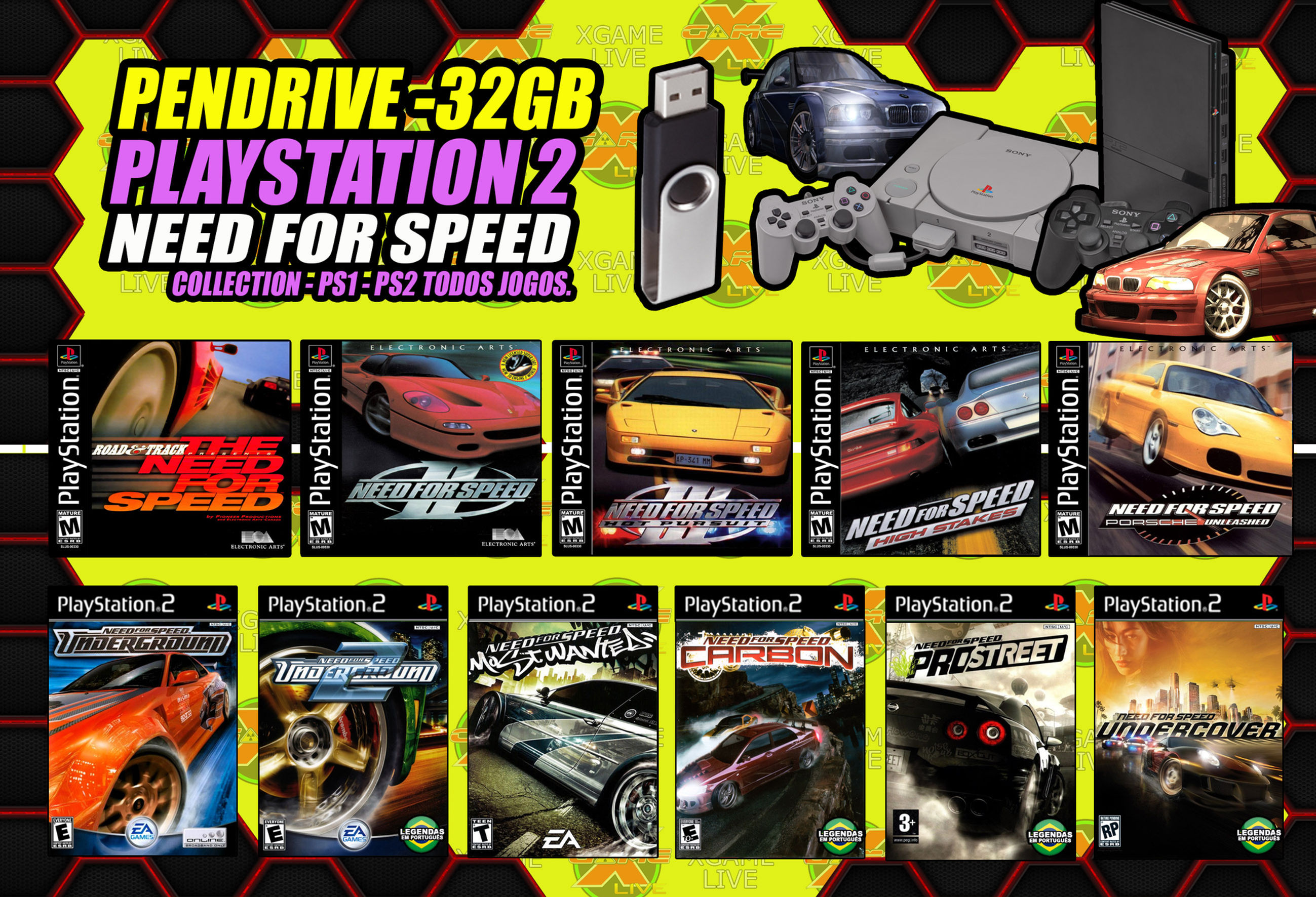 Pendrive Ps2 + 15 GAMES Need For Speed Ps1- Ps2 + Memory Card com Openl By XGAME