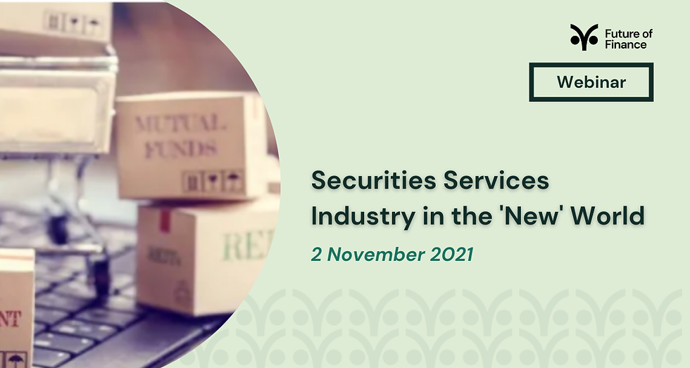 Webinar ad with text "Securities Services Industry in the 'New' World," date "2 November 2021," and boxes on a keyboard. Light green background.
