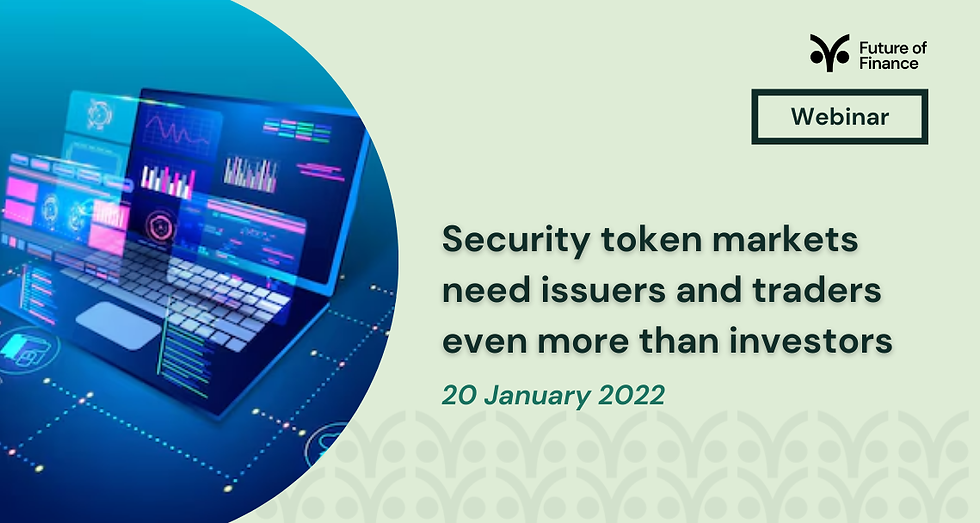 Laptop with colorful stock charts, "Webinar" text, and "Security token markets need issuers and traders" on green background. Date: January 20, 2022.