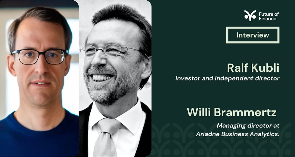 Two portraits: a serious man in glasses and a smiling man in a suit. "Interview: Ralf Kubli, Investor" and "Willi Brammertz, Managing director."