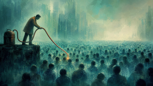 A man putting a suction pipe into a sea of young people bobbing around