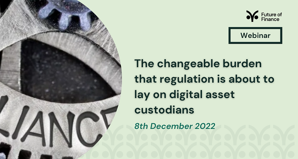 Webinar promo for "The changeable burden of regulation on digital asset custodians." Date: 8th December 2022. Gear illustration, green background.