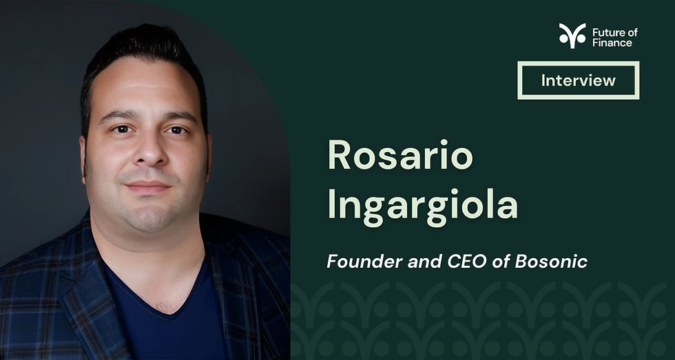 Man in a dark suit with a neutral expression. Text: "Rosario Ingargiola, Founder and CEO of Bosonic" and "Interview," on a dark background.