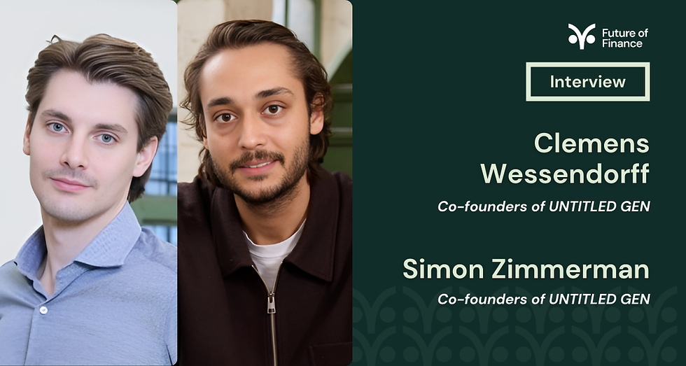 Two co-founders are pictured for an interview. The design features a green background, text overlay, and a logo stating "Future of Finance."