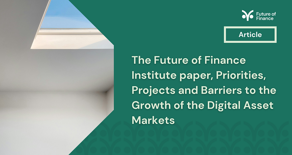 Green background with a skylight, text: "The Future of Finance Institute paper on Digital Asset Markets," and "Article" label.