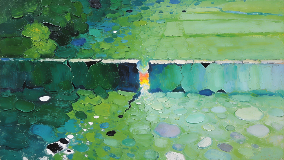 Abstract painting of green and blue tones with a bright orange-yellow center burst, creating a vibrant, textured landscape.