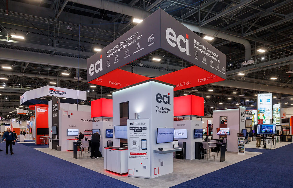 ECI trade show exhibit with overhead hanging sign, modern demo kiosks, software displays, and open layout for attendee engagement