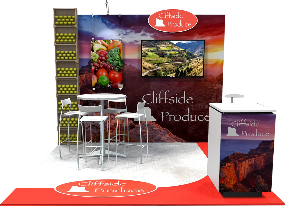 Cliffside Produce custom trade show booth with branded graphics, product displays, seating area, and integrated video screen