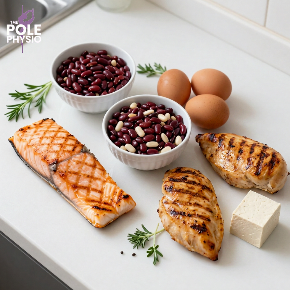 Grilled salmon, chicken, beans, eggs and tofu on a white counter with rosemary; logo text The Pole Physio at top left.