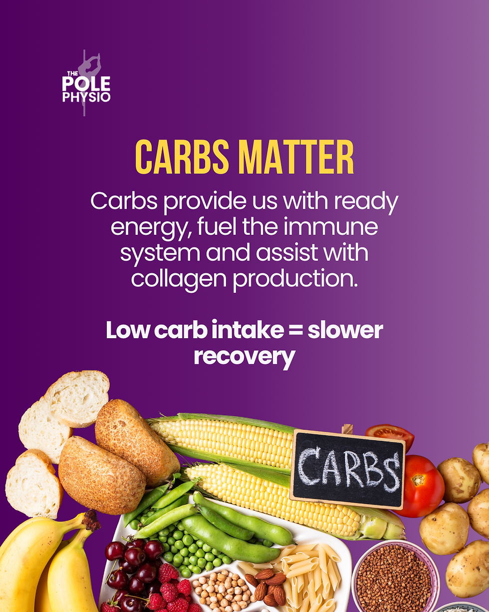 Purple background with "Carbs Matter" in yellow. Various foods like bread, corn, and bananas shown. Text explains carbs' benefits.