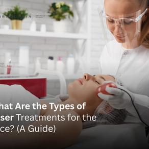 Aesthetician performs laser treatment on a relaxed woman in a clinic. White brick wall, red and white tools, and the text, "What Are the Types of Laser Treatments for the Face?.