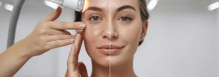 Split-face beauty treatment with a laser device on a woman's cheek in a clinic, showing before-and-after skin contrast