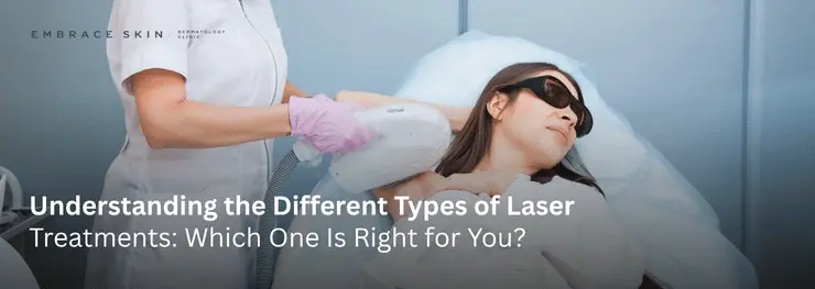 Clinician uses a laser device on a woman wearing goggles in a clinic; headline: Understanding the Different Types of Laser Treatments.