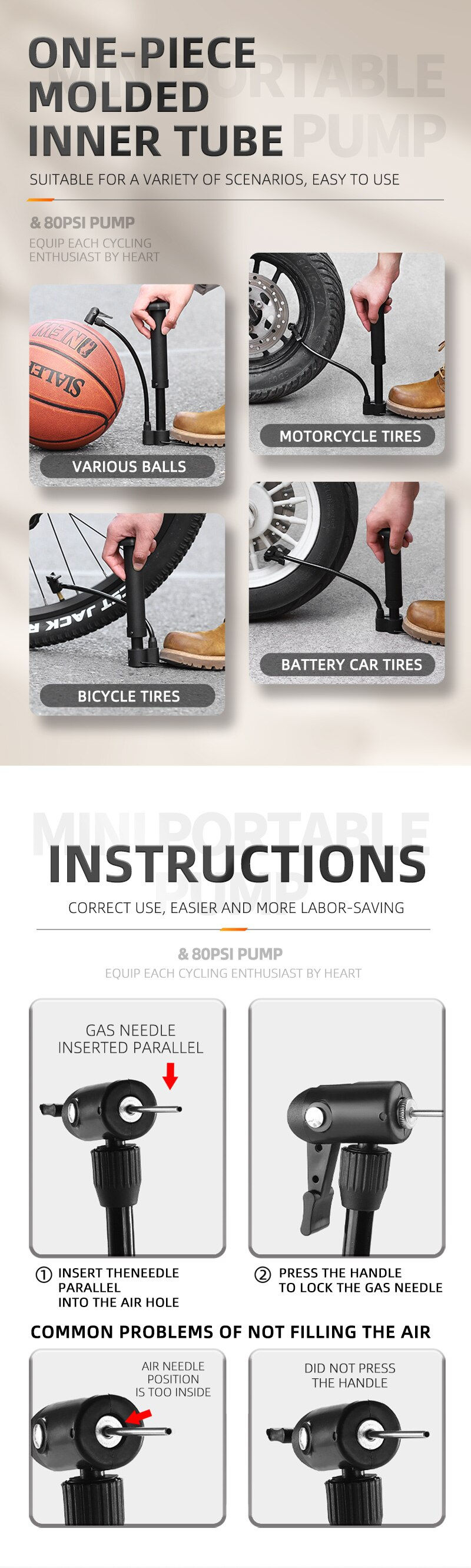 Thumbnail: WEST BIKING MTB Bicycle Pump 80 PSI Bike Manual Air Pump Balloon Tire Inflator S
