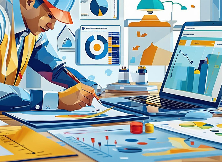 A construction professional sitting at a desk reviewing blueprint drawings and cost estima