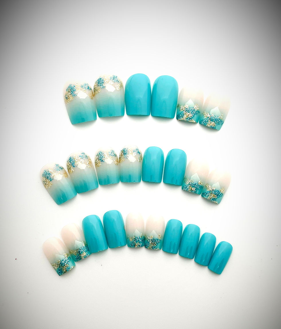 The Tiffani set features a frosted ombre that fades into a beautiful robin egg color with splashes of gold, silver and white