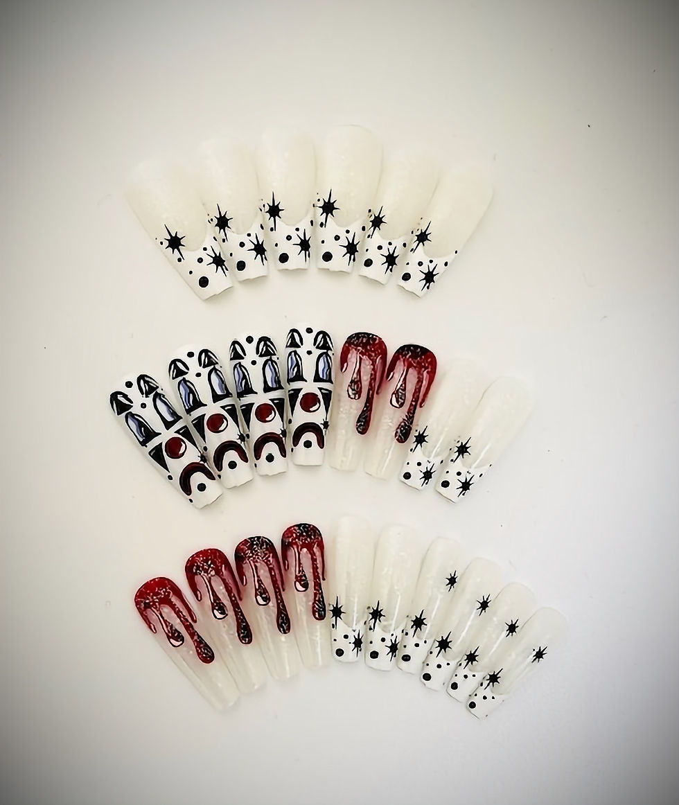 The Jo Jo set features a transparent frosted silver glitter base with a sad clown, red glitter drip design, and fun stars