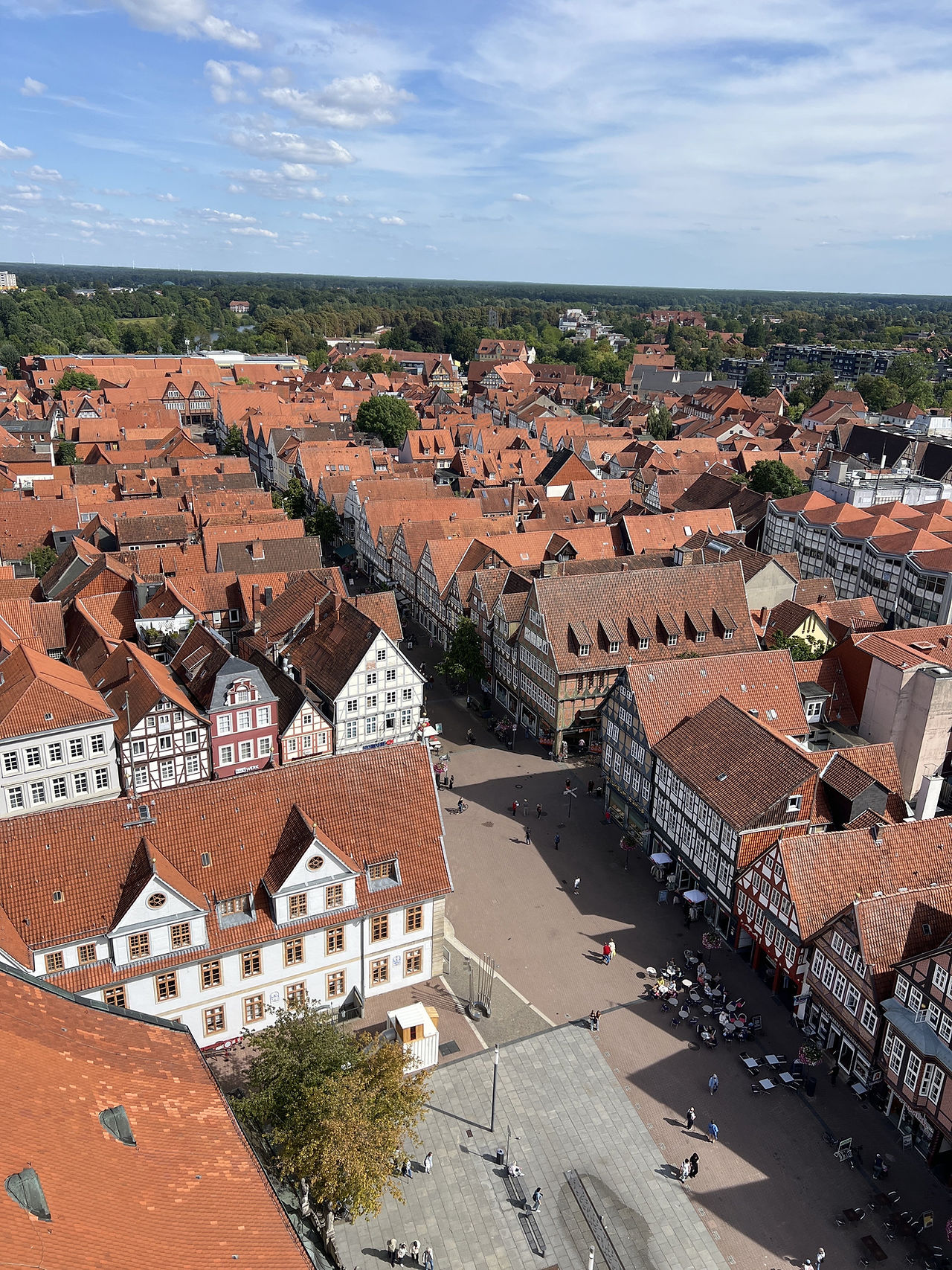 Blick vom Kirchturm über die roten Dächer von Celle