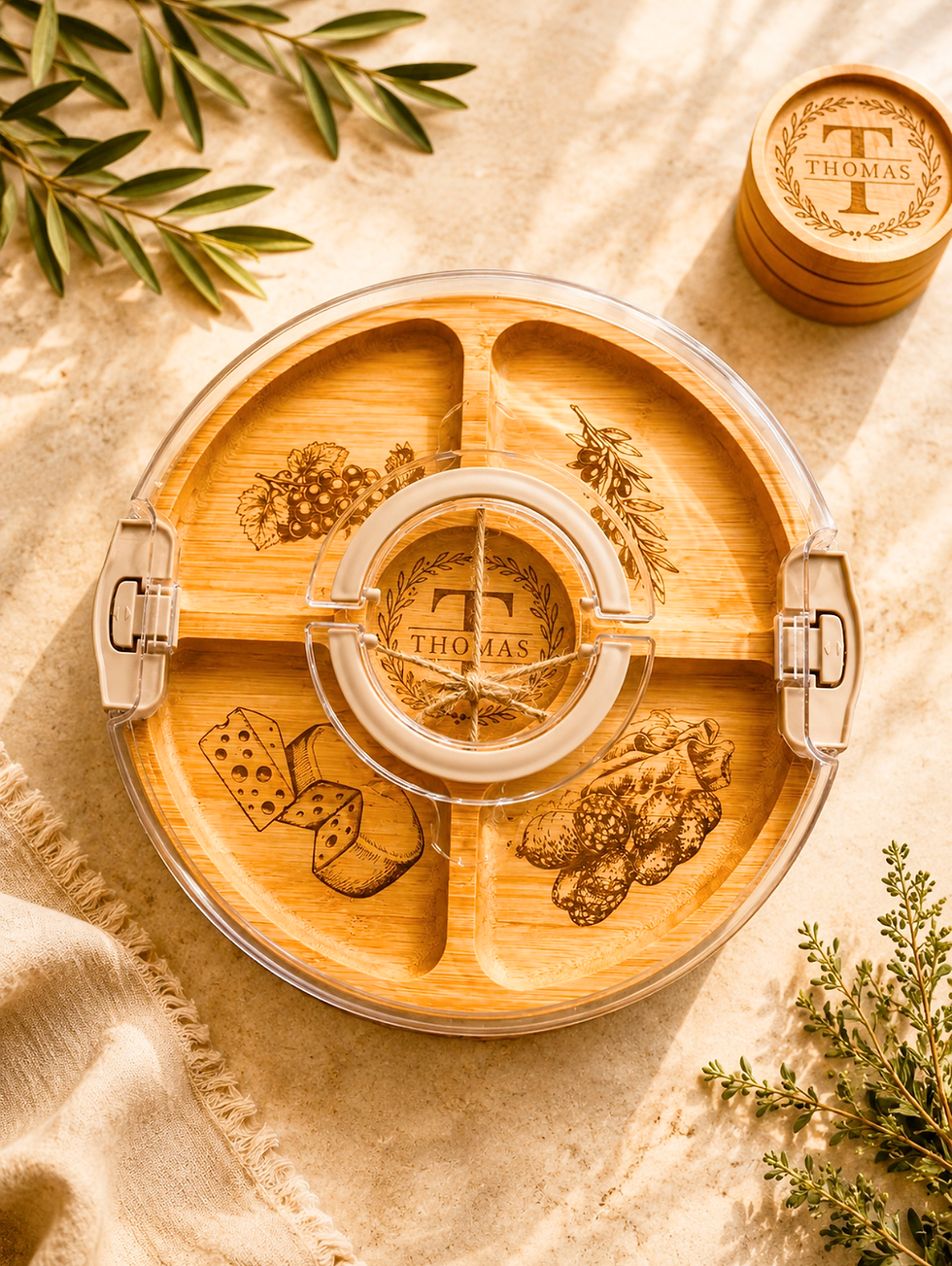 Personalized engraved wooden charcuterie serving tray with divided compartments and matching coasters.