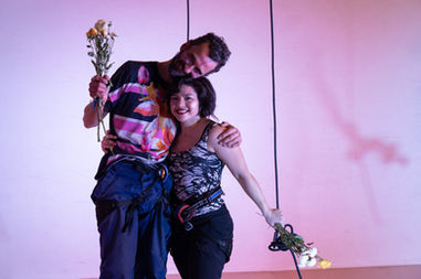 Roel Seeber and Megan Lowe share a hug after a performance.