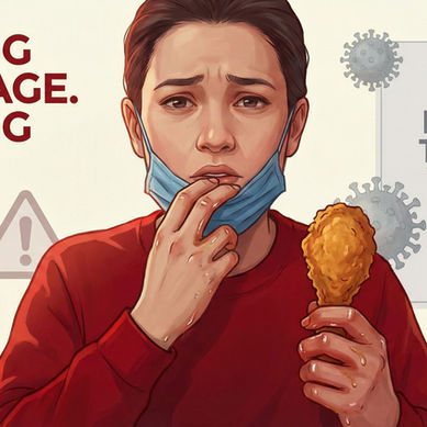 Illustration showing the KFC Finger Lickin’ Good COVID controversy, depicting a masked person holding fried chicken while health warnings highlight wrong messaging during the pandemic.
