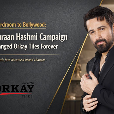 Promotional banner for Orkay Tiles featuring a well-dressed male celebrity in a black suit standing beside bold text that reads “From Boardroom to Bollywood: The Campaign That Changed Orkay Tiles Forever,” with the Orkay Tiles logo and a premium, cinematic design aesthetic.
