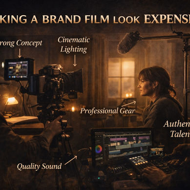 Behind-the-scenes view of a brand film shoot showing a professional camera setup, cinematic lighting, sound equipment, and a focused actor, highlighting how thoughtful production and storytelling come together to create a premium brand film impact.