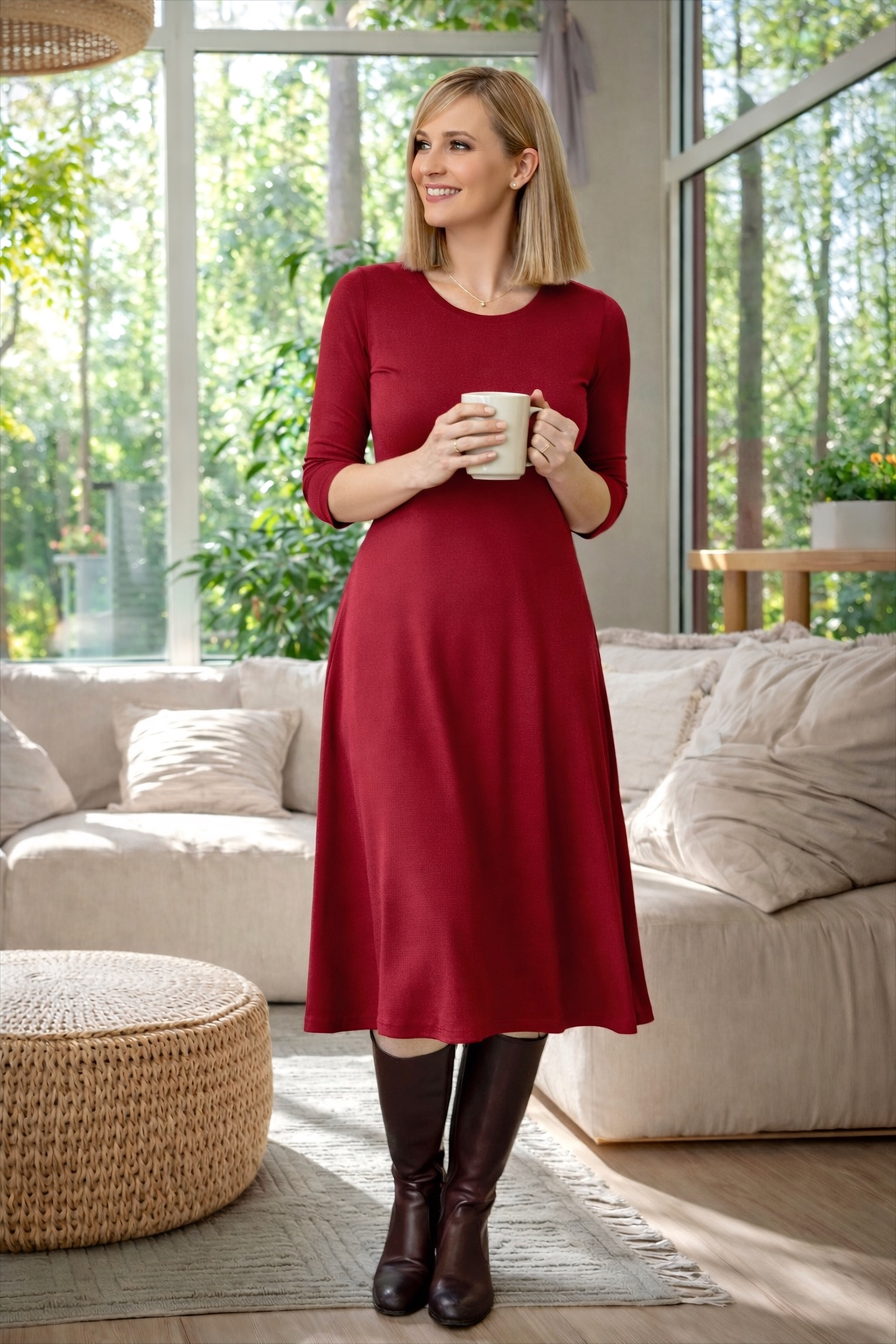 Model wearing Carmine Red Colette merino wool long sleeve midi dress.