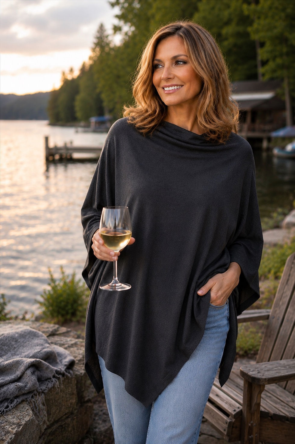 Woman wearing the Merino Wool Poncho in dark grey mid-weight rib merino wool, full-body lifestyle pose.