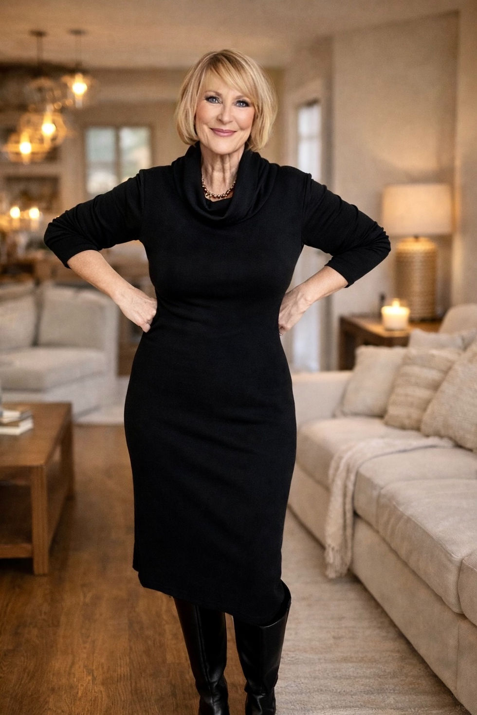 Thumbnail: Mature model wearing black Marlowe merino rib cowl neck midi dress with long sleeves.