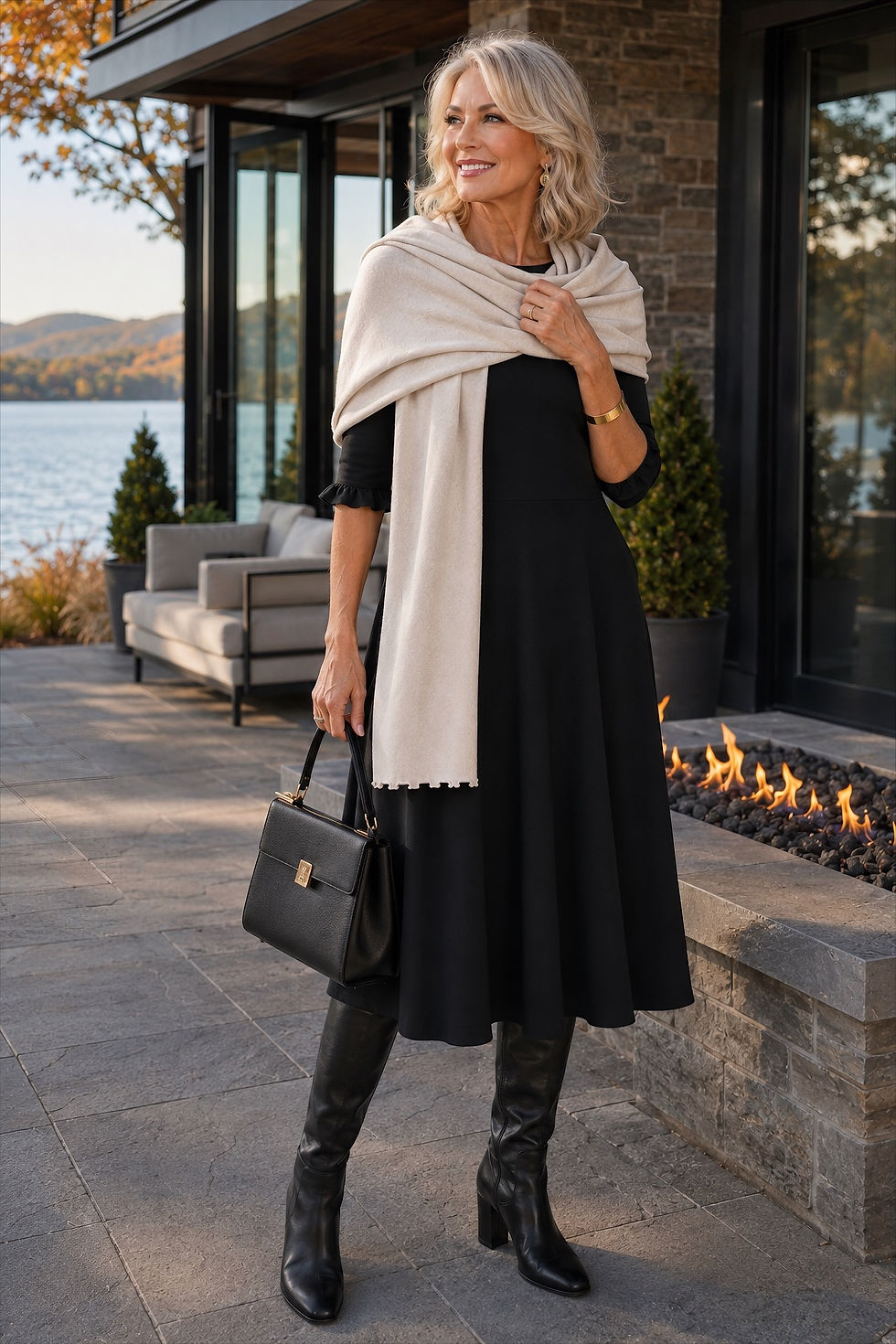 Merino black Clara dress, classic round neck, swishy full skirt with pockets, in relaxed winter outdoor pose.
